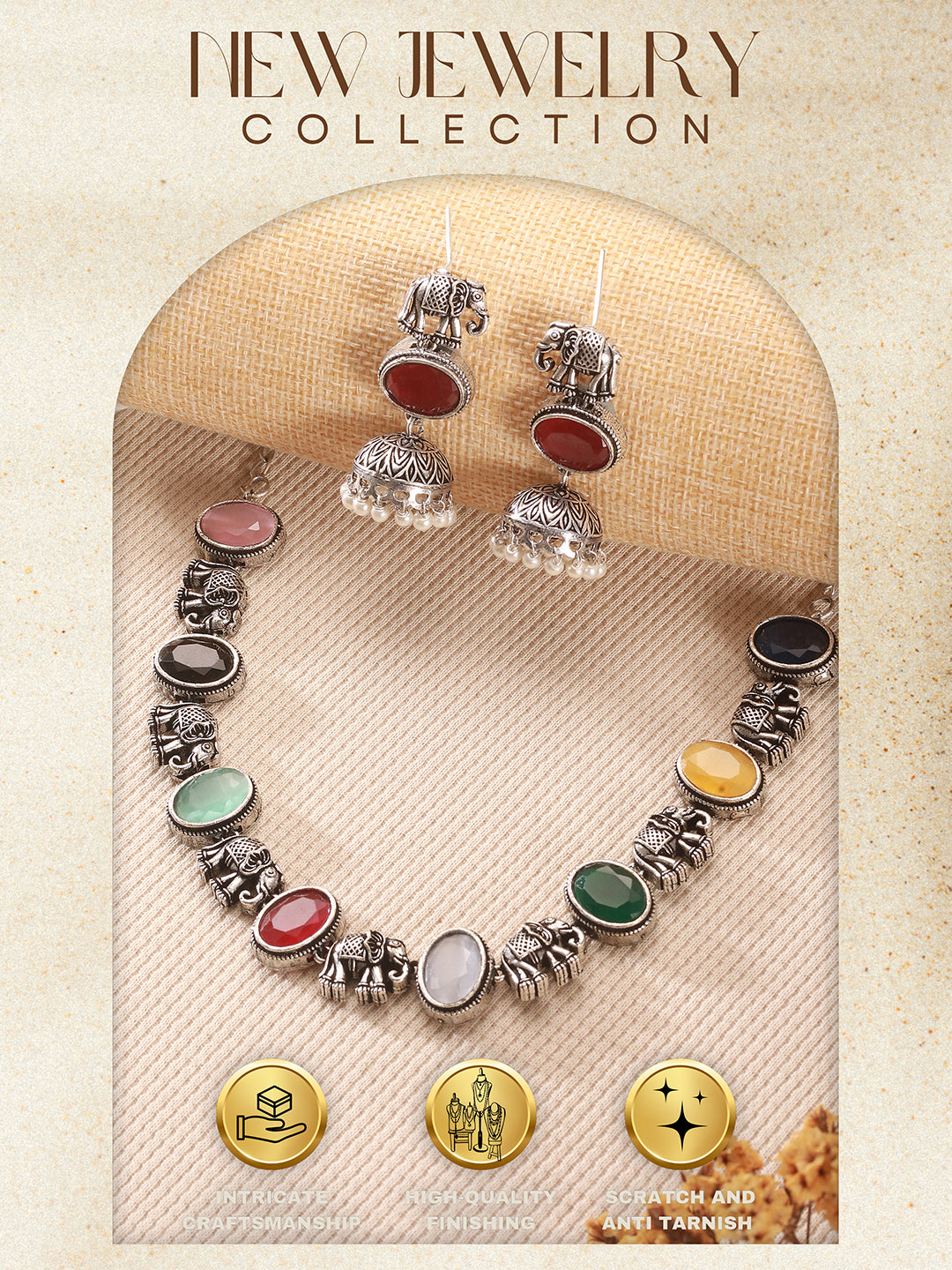 Oxidised Silver Toned Navratan Multicolored Elephant Motif Statement Choker Jewellery Set