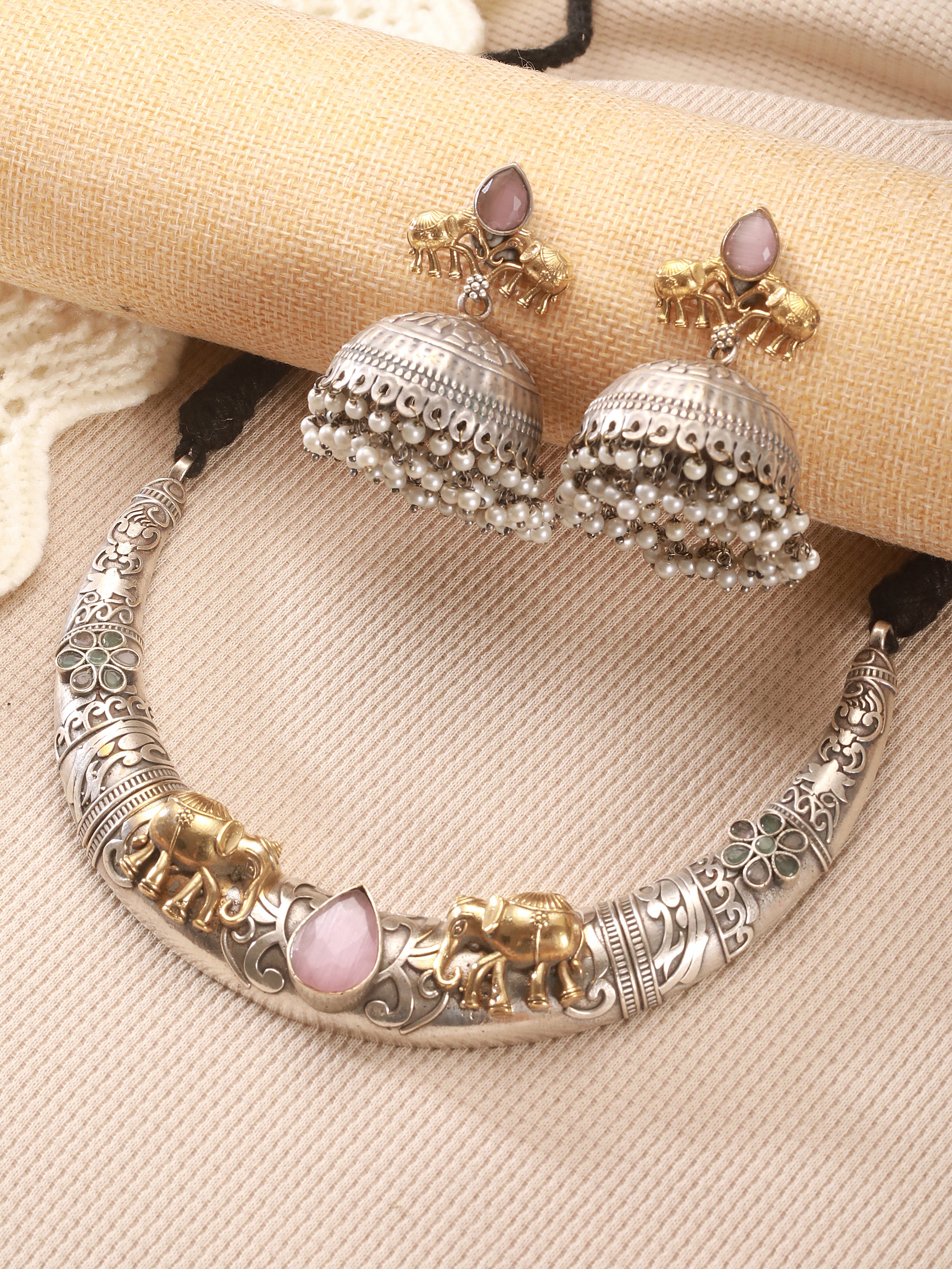 Oxidised Silver Plated Fusion Contemporary  Elephant Motif Statement Hasli With Jhumka Jewellery Set