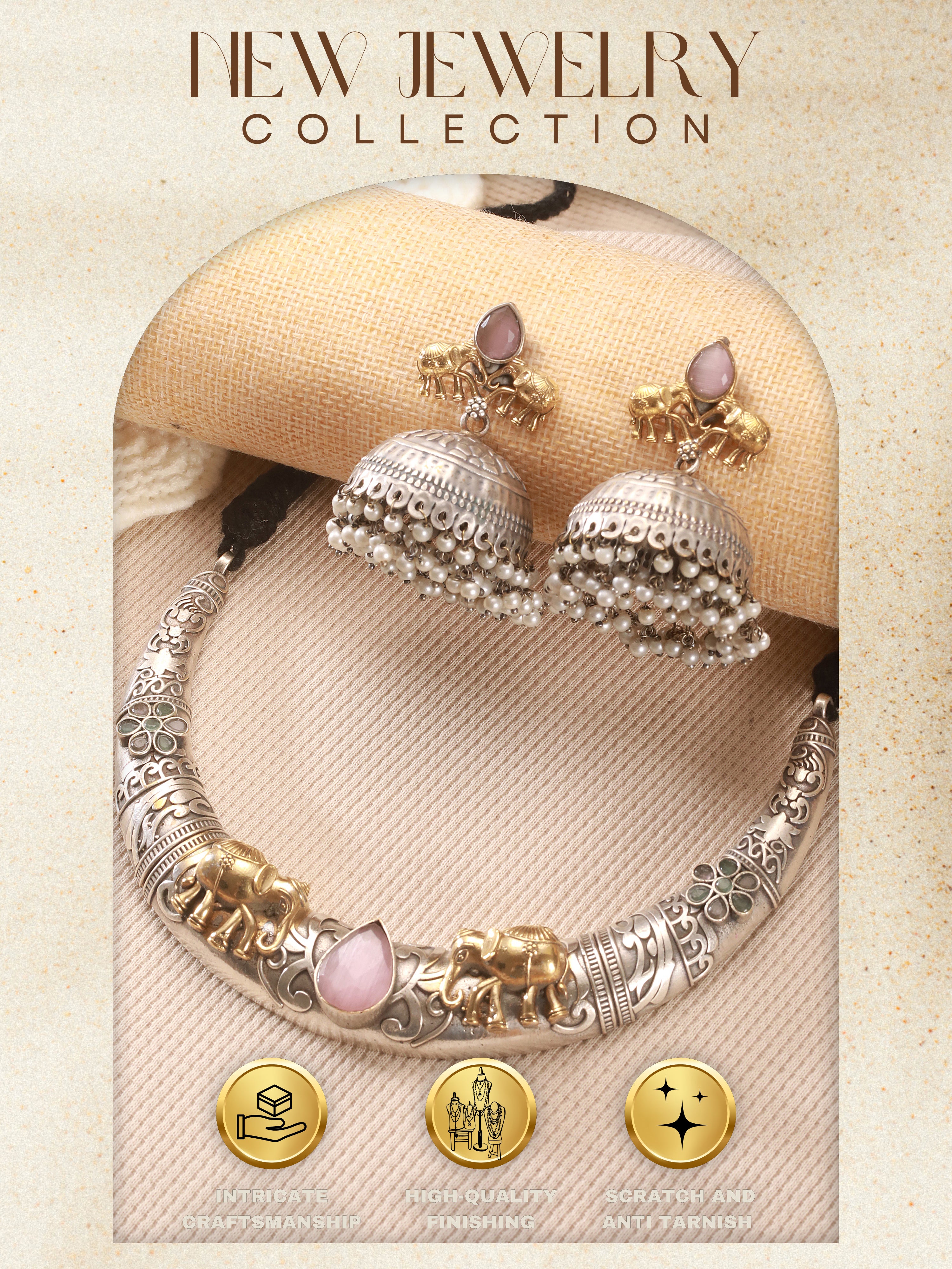 Oxidised Silver Plated Fusion Contemporary  Elephant Motif Statement Hasli With Jhumka Jewellery Set