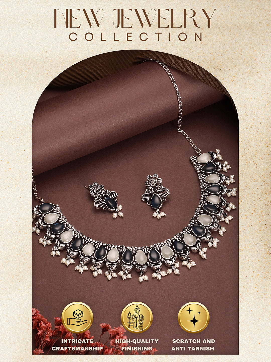 Oxidised Silver Toned Blue & white Stone Studded Statement Tribal Choker Jewellery Set