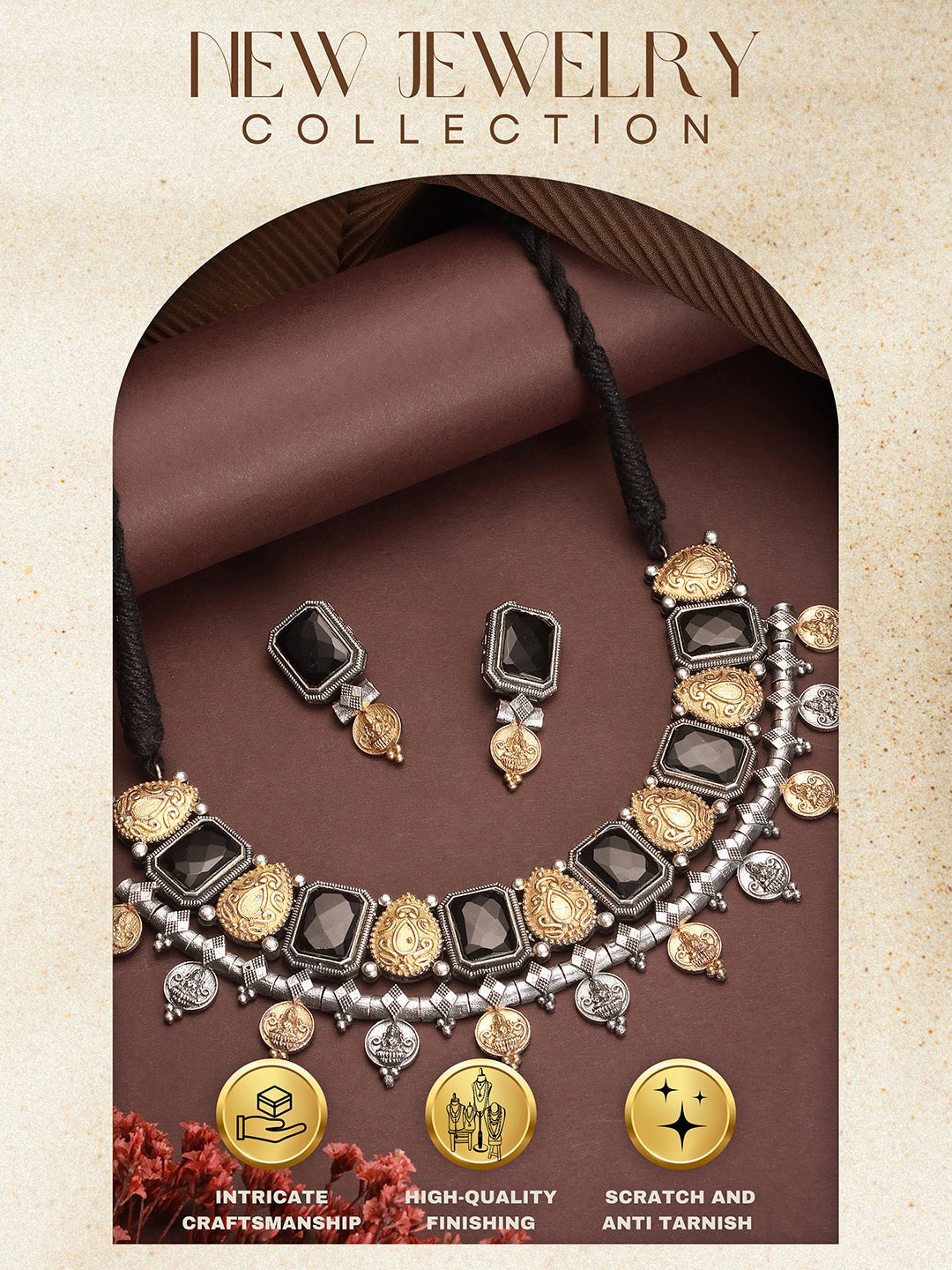 Oxidised Dual Toned Black Stone Studded Contemporary  Tribal  Lakshmiji Motif Choker Jewellery Set