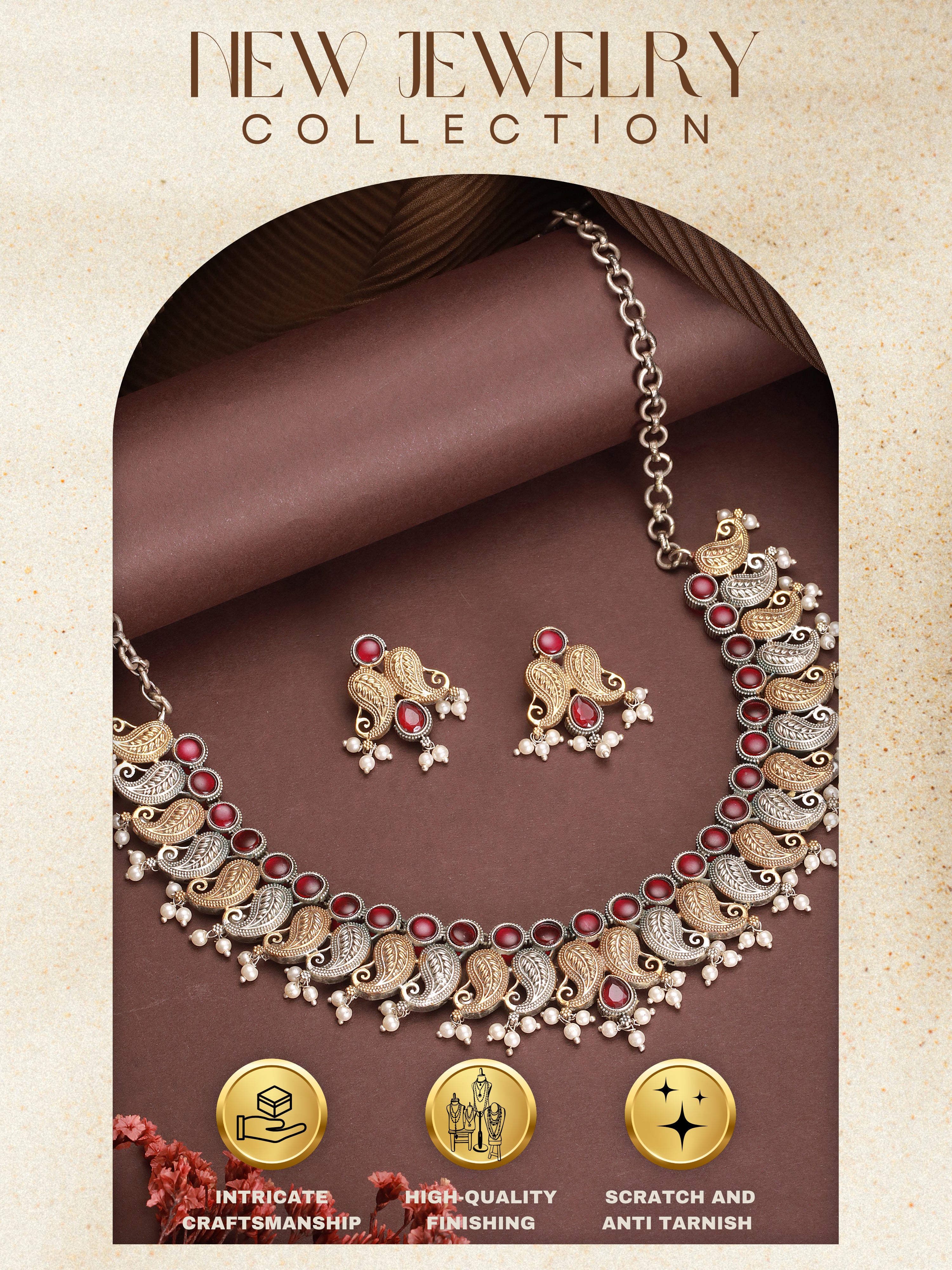 Oxidised Dual Toned Red Stoned Mango Design Statement Choker Jewellery Set