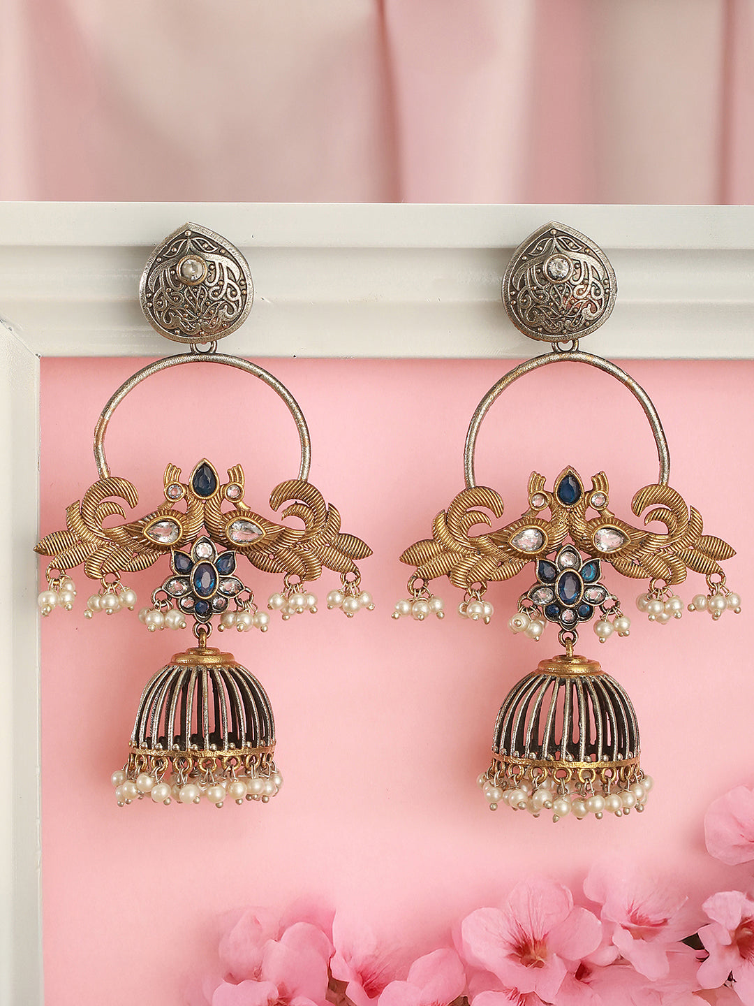 Oxidised Dual Toned Pearl Beaded Floral Peacock  Design Contemporary  Hoop Jhumka Earrings