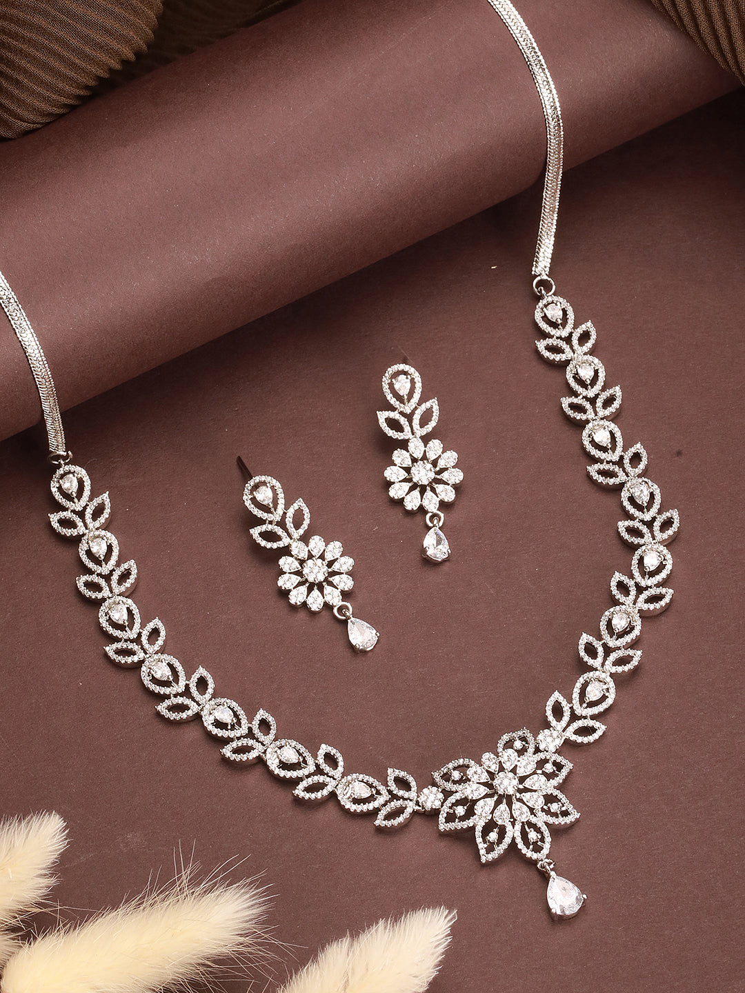 White Rhodium AD Studded Floral Design Statement Pendant Neckalce jewellery Set