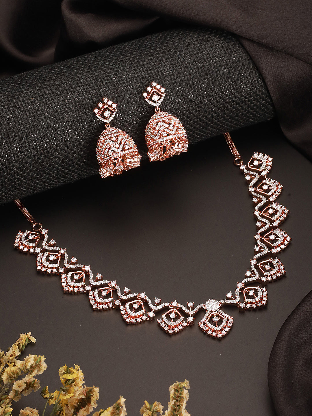 Rose Gold AD  Studded Statement Designer With  Classic Jhumka Earrings Necklace Jewellery Set