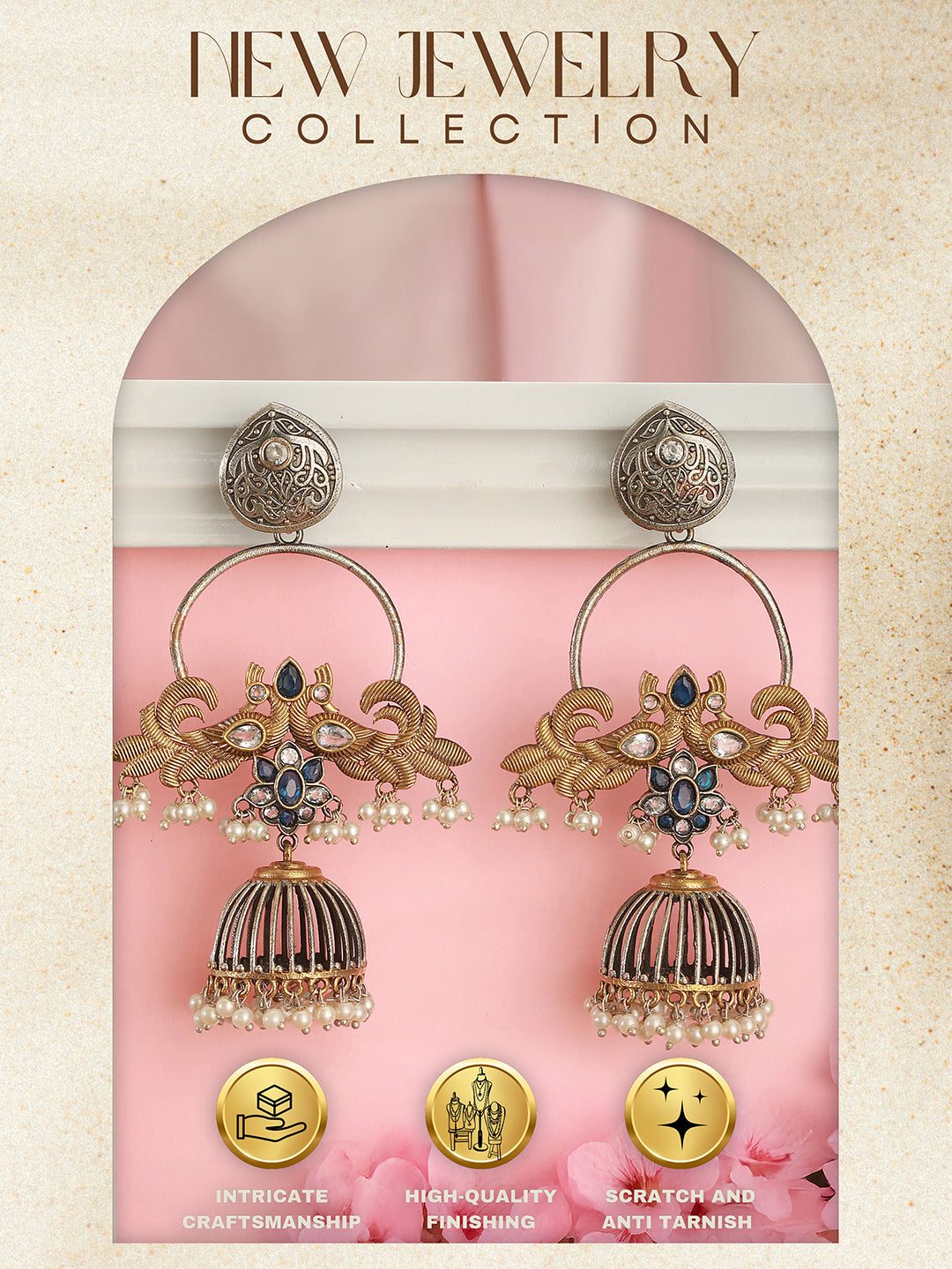 Oxidised Dual Toned Pearl Beaded Floral Peacock  Design Contemporary  Hoop Jhumka Earrings