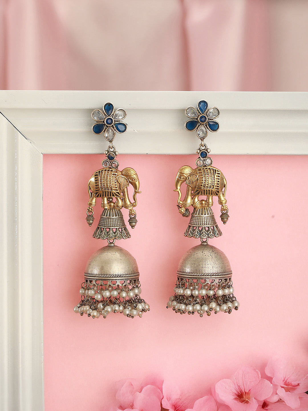 Oxidised Silver Toned Pearl Beaded Floral Elephant  Design Contemporary Dangler  Jhumka Earrings