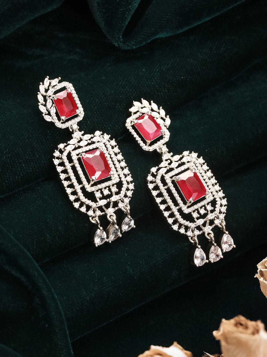 Silver Toned  Red Ruby Studded Elegant Cocktail Drop Earrings