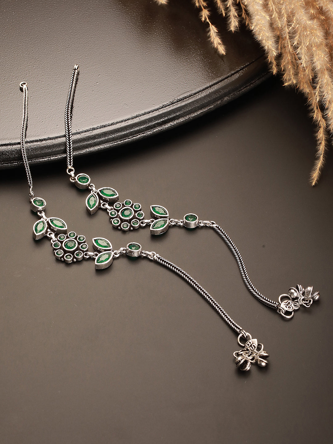 Set of 2 Silver Oxidised Green Stone Studded Trendy Floral Minimal  Bridal Dailywear Anklet Payal