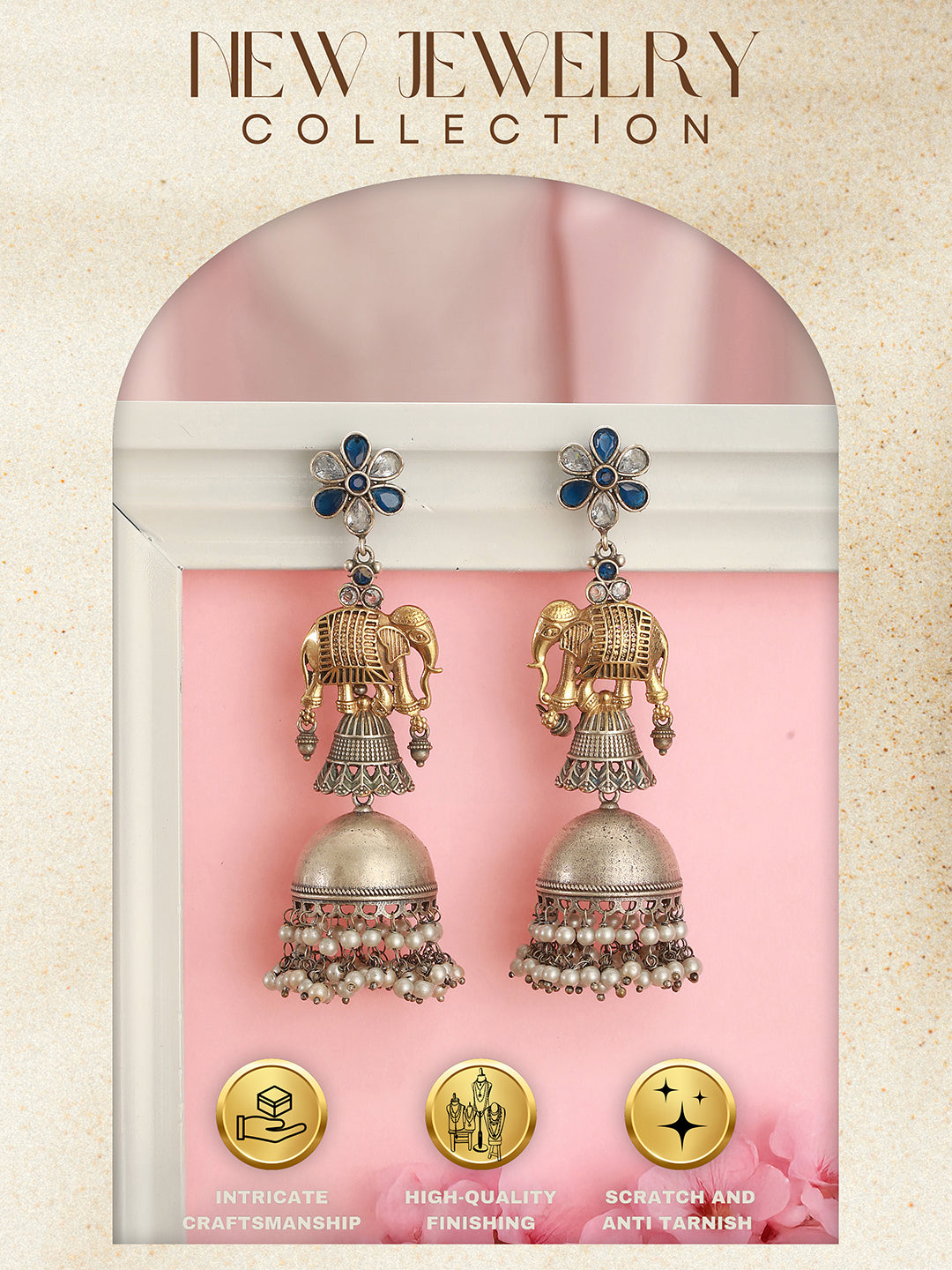 Oxidised Silver Toned Pearl Beaded Floral Elephant  Design Contemporary Dangler  Jhumka Earrings