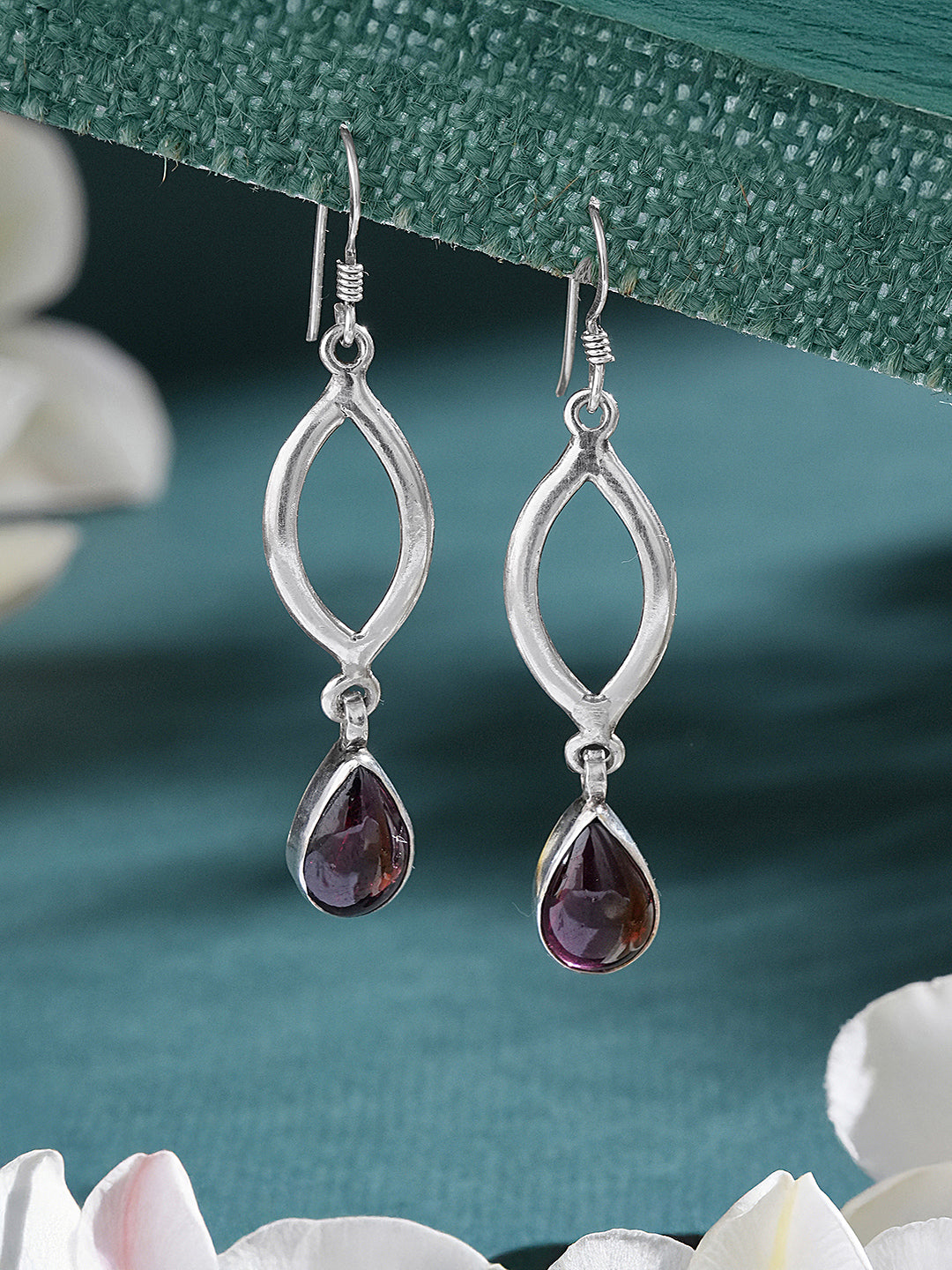 925 Sterling Silver Garnet Gemstone Studded Halo Drop Minimal Dangler Earrings