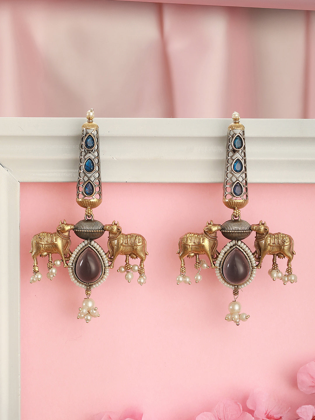 Oxidised Silver Plated Dual Plated Turquoise Blue Pearl Beaded Bull Motif  Contemporary Dangle  Earrings