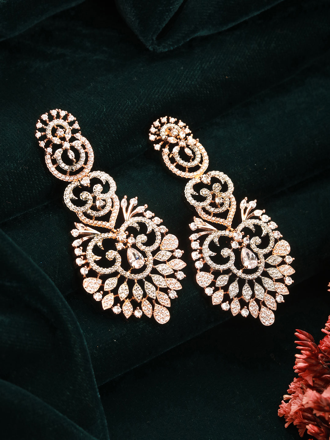 Rose Gold Toned Cubic Zircon Studded Designer Floral Dangler Earrings