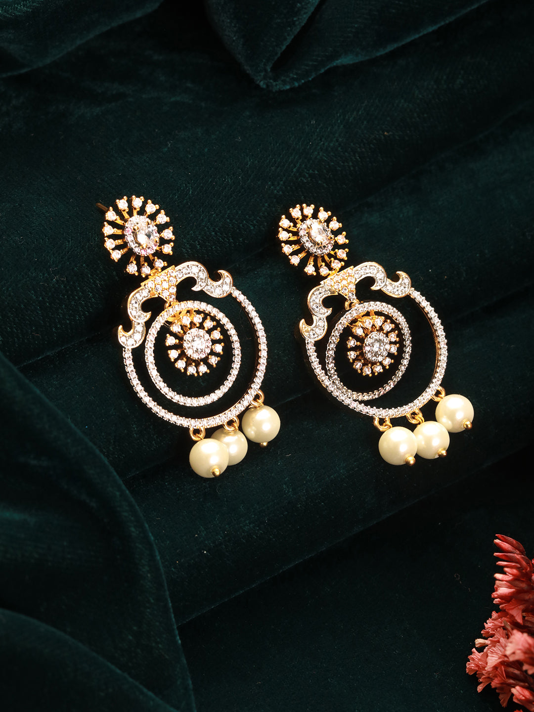 Gold Toned Cubic Zirconia & Pearl Beaded  Designer  Chandelier Chandbali Drop Earrings