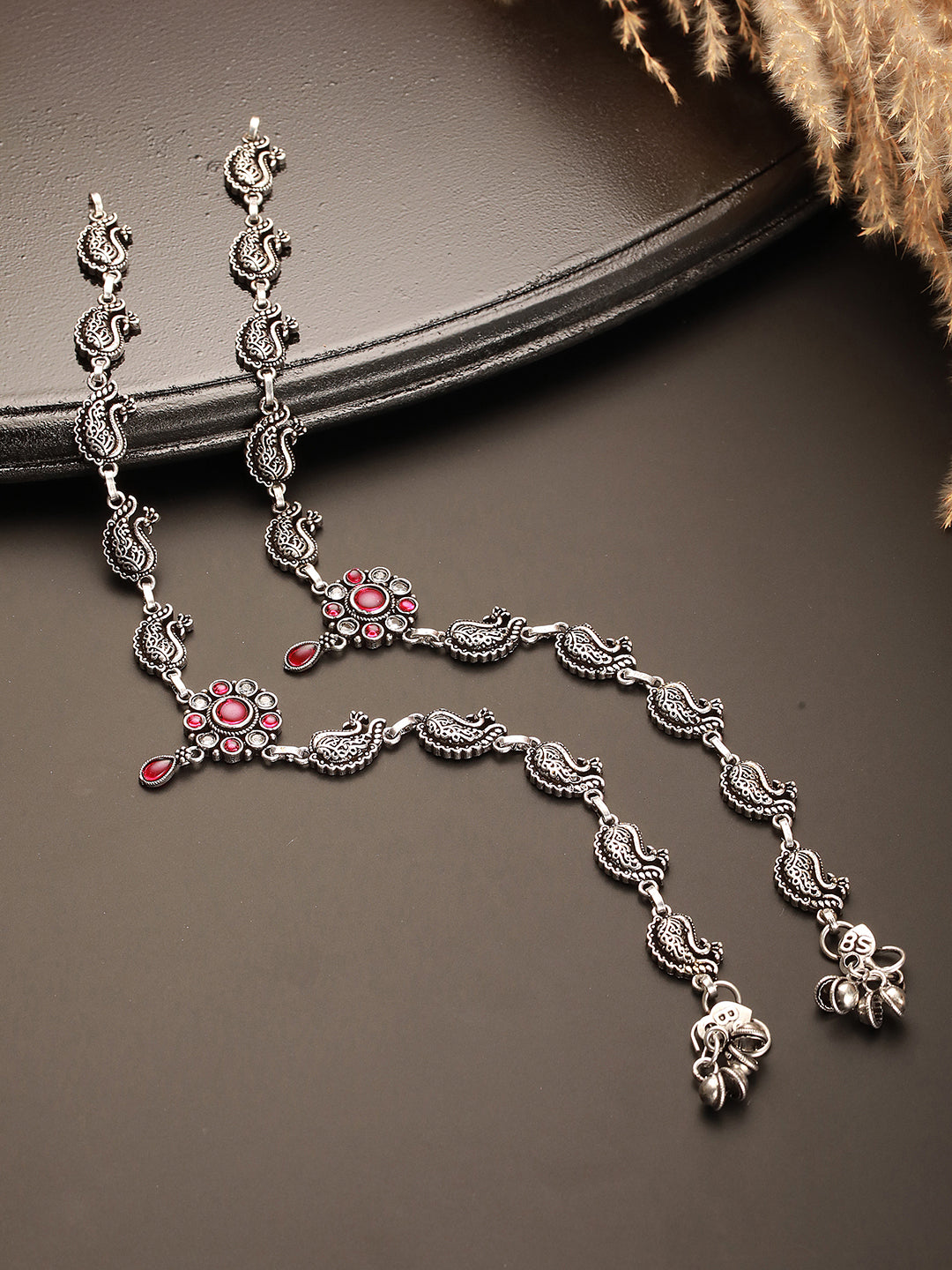 Set of 2 Silver Oxidised Ruby Red Stone  Studded Peacock & Flower Minimal Dailywear Anklet Payal