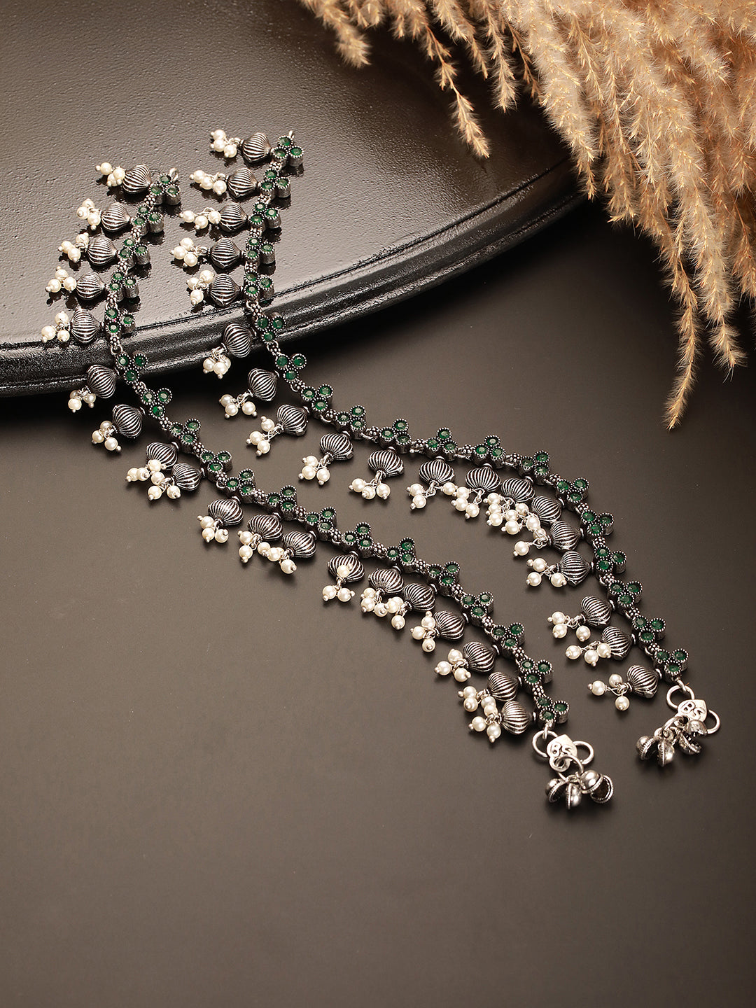 Set of 2 Silver Oxidised Green Stone Studded  Flower Minimal Dailywear Anklet Payal