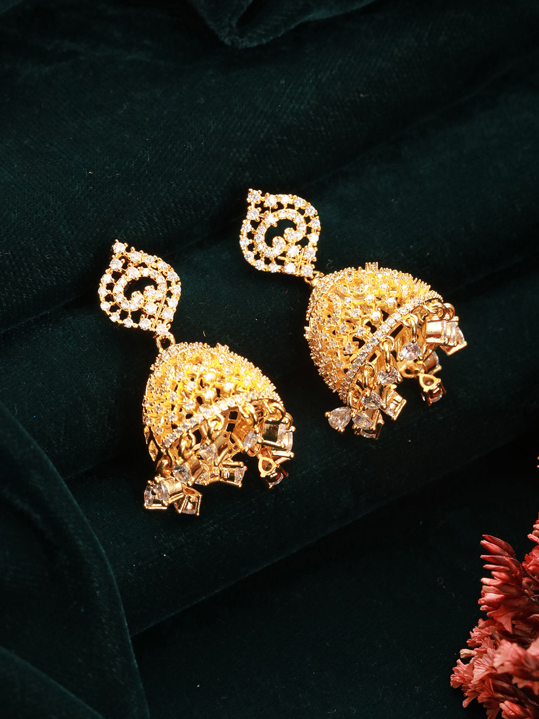 Gold Plated Cubic Zircon Studded Statement Jhumka Earrings