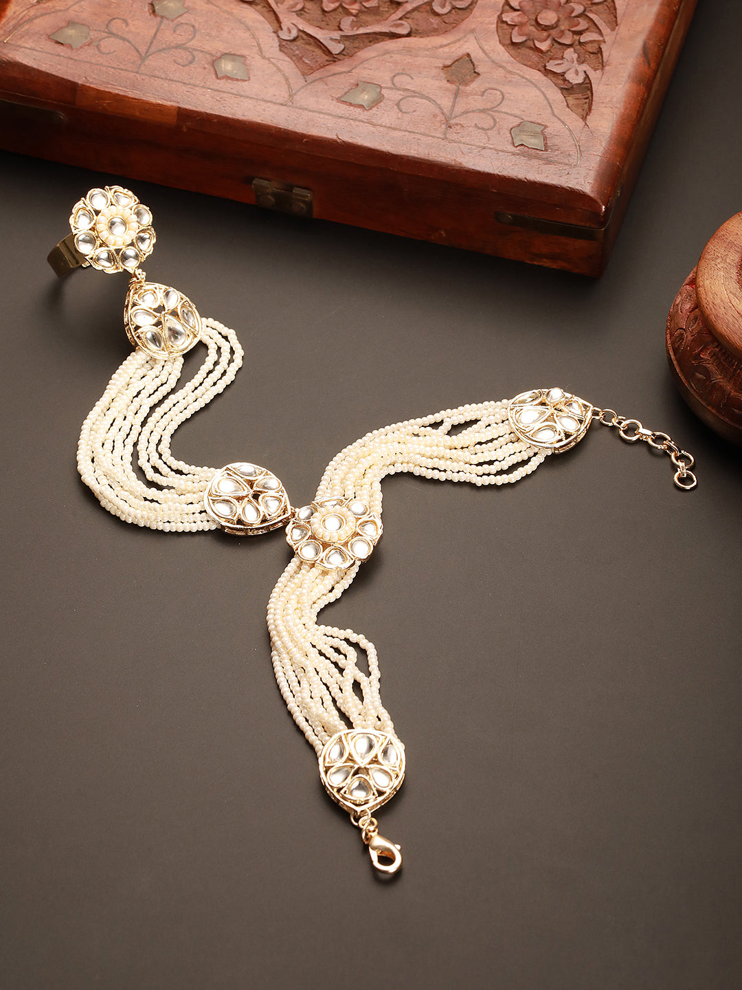 Gold Plated Kundan Studded Designer Pearl Beaded Bridal Haath Pan Haathphool