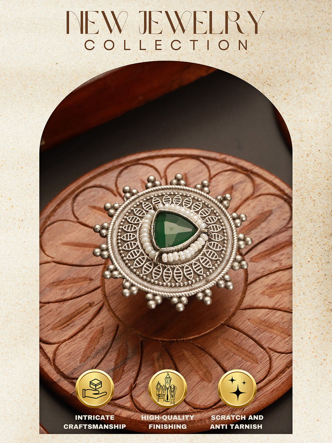 Oxidised Silver Toned Emerald Green Stone Studded Fusion Statement Tribal Adjustable Finger Ring