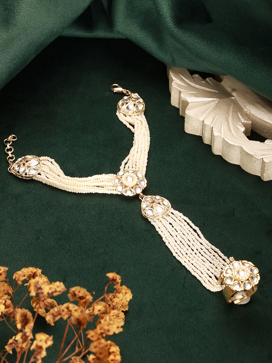 Gold Plated Kundan Studded Designer Pearl Beaded Bridal Haath Pan Haathphool