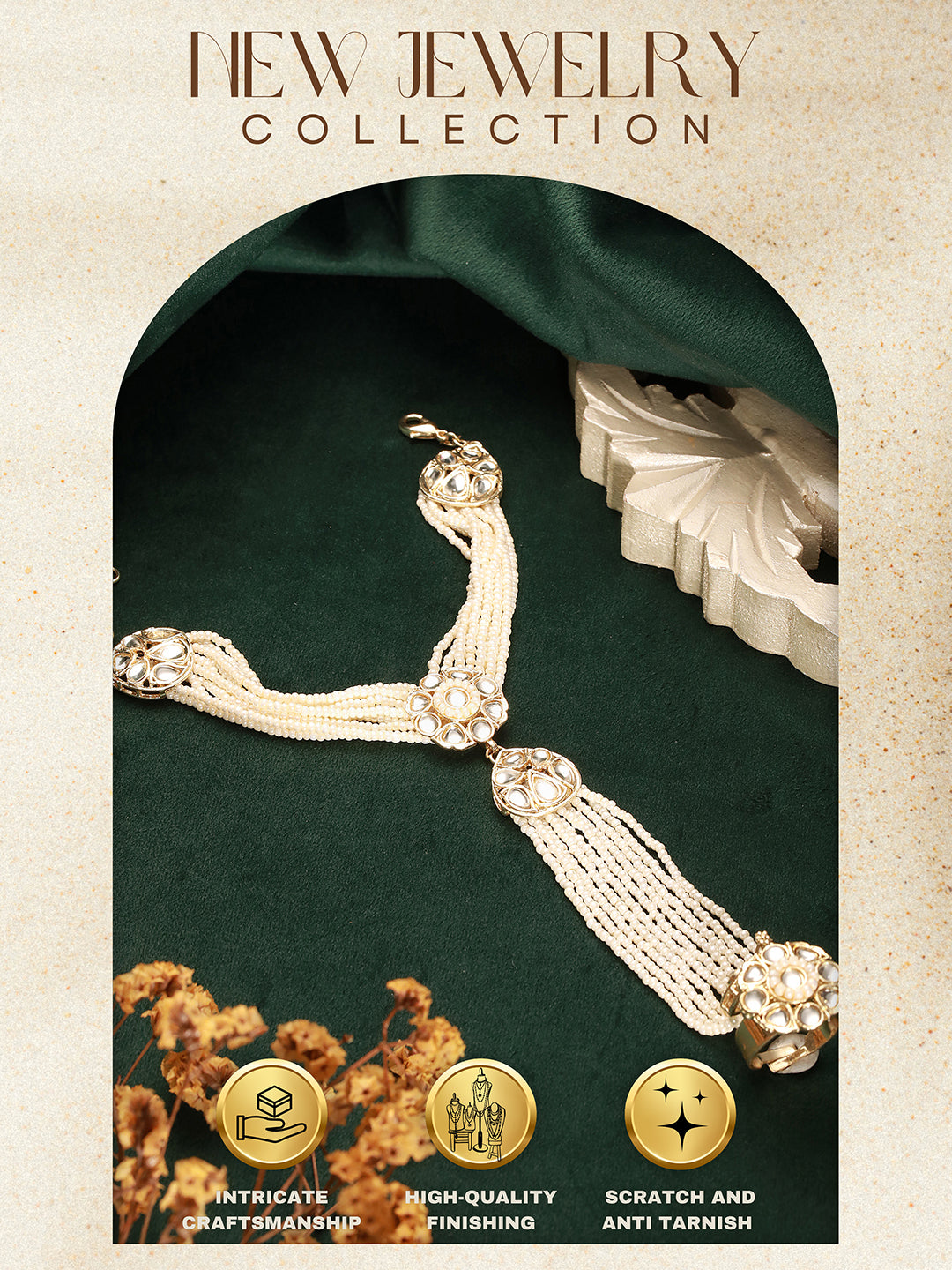 Gold Plated Kundan Studded Designer Pearl Beaded Bridal Haath Pan Haathphool