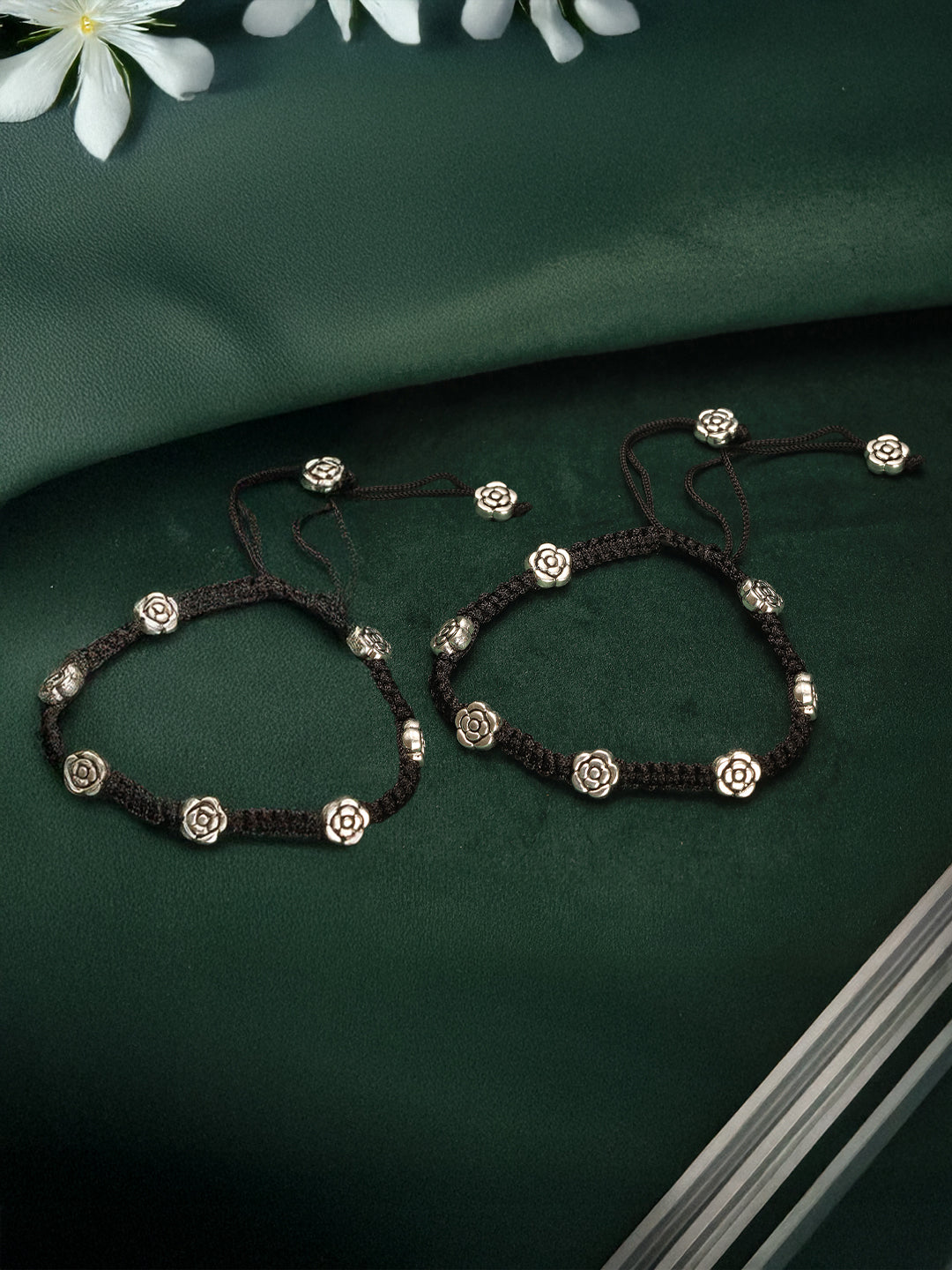 Set of 2 Silver Oxidised Stone Studded Flower Design Minimal Dailywear Anklet Payal