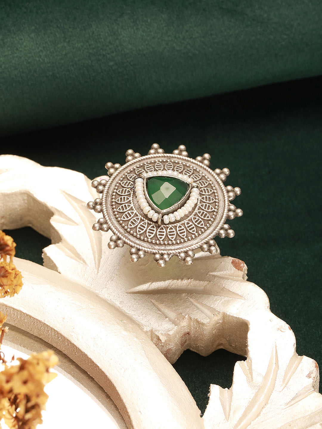 Oxidised Silver Toned Emerald Green Stone Studded Fusion Statement Tribal Adjustable Finger Ring