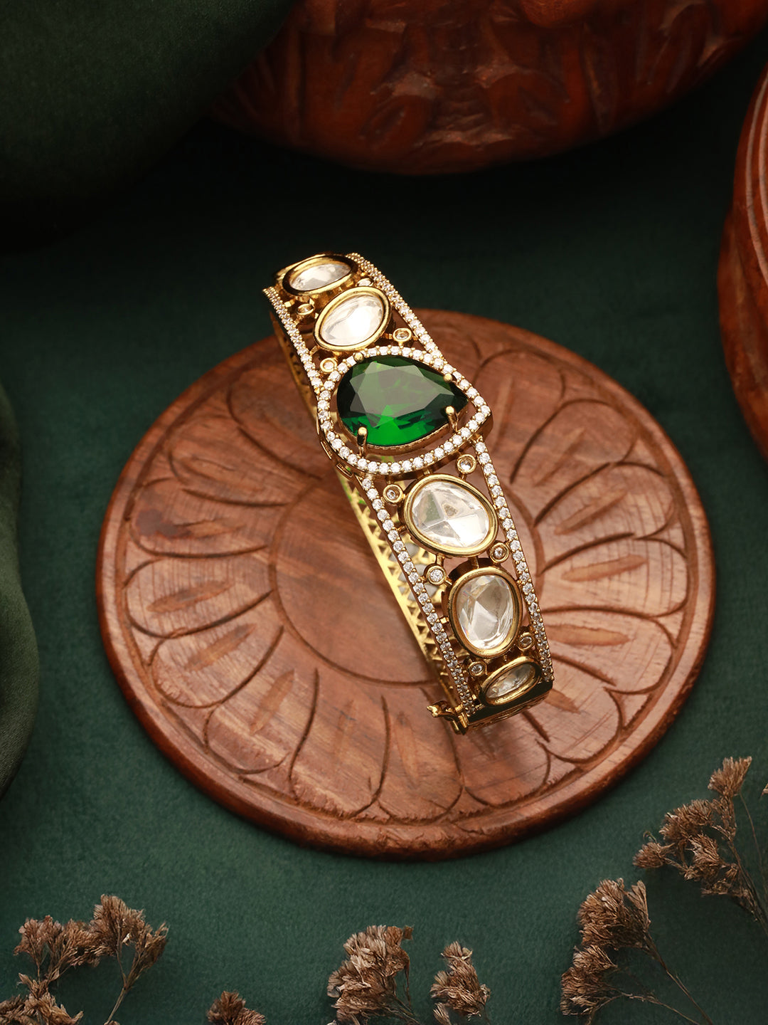Gold Polish Green Emerald Kundan Mossanaite Studded Tilak Shaped Openable Kada Bracelet