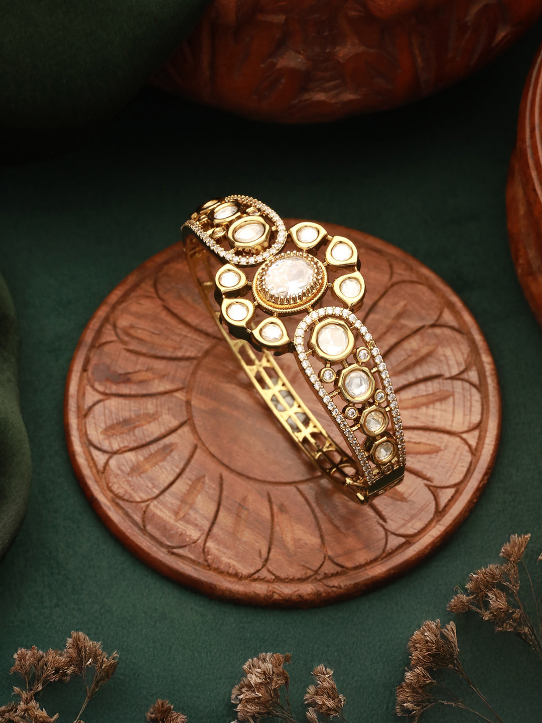Gold Polish White Kundan Mossanaite Studded Floral Openable Kada Bracelet
