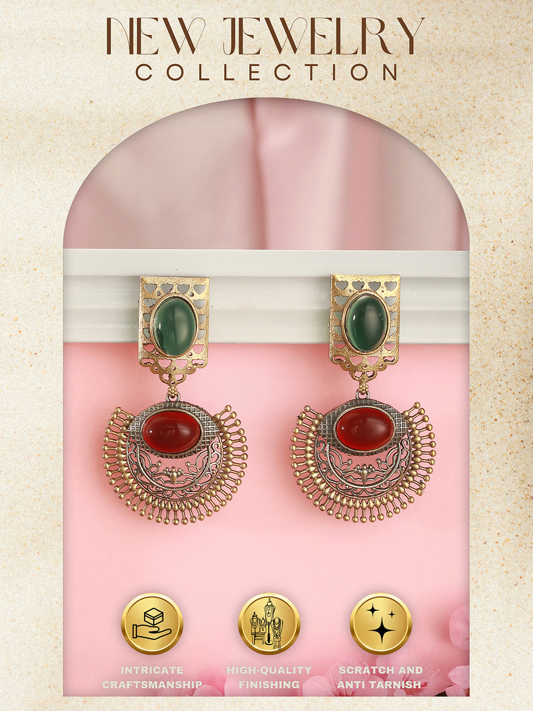Antique Gold-Toned Dual Red & Green Stone  Engraved  Handcrafted Dangler  Earrings