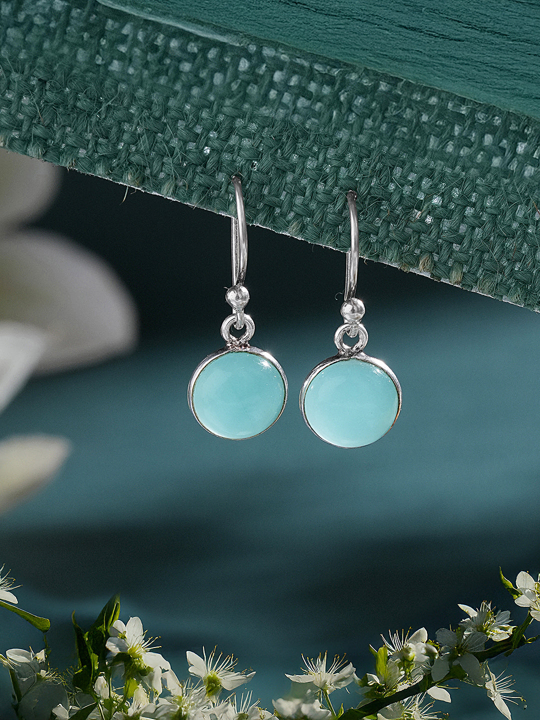 925 Sterling Silver  Mint Green Aqua Stone Studded Minimal Handcrafted Drop Earrings