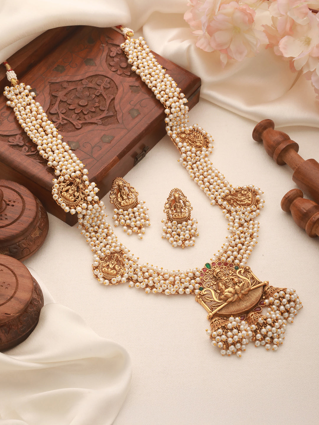 Gold Plated Pearl Beaded Haram Temple Lakshmiji Pendant Jewellery Set