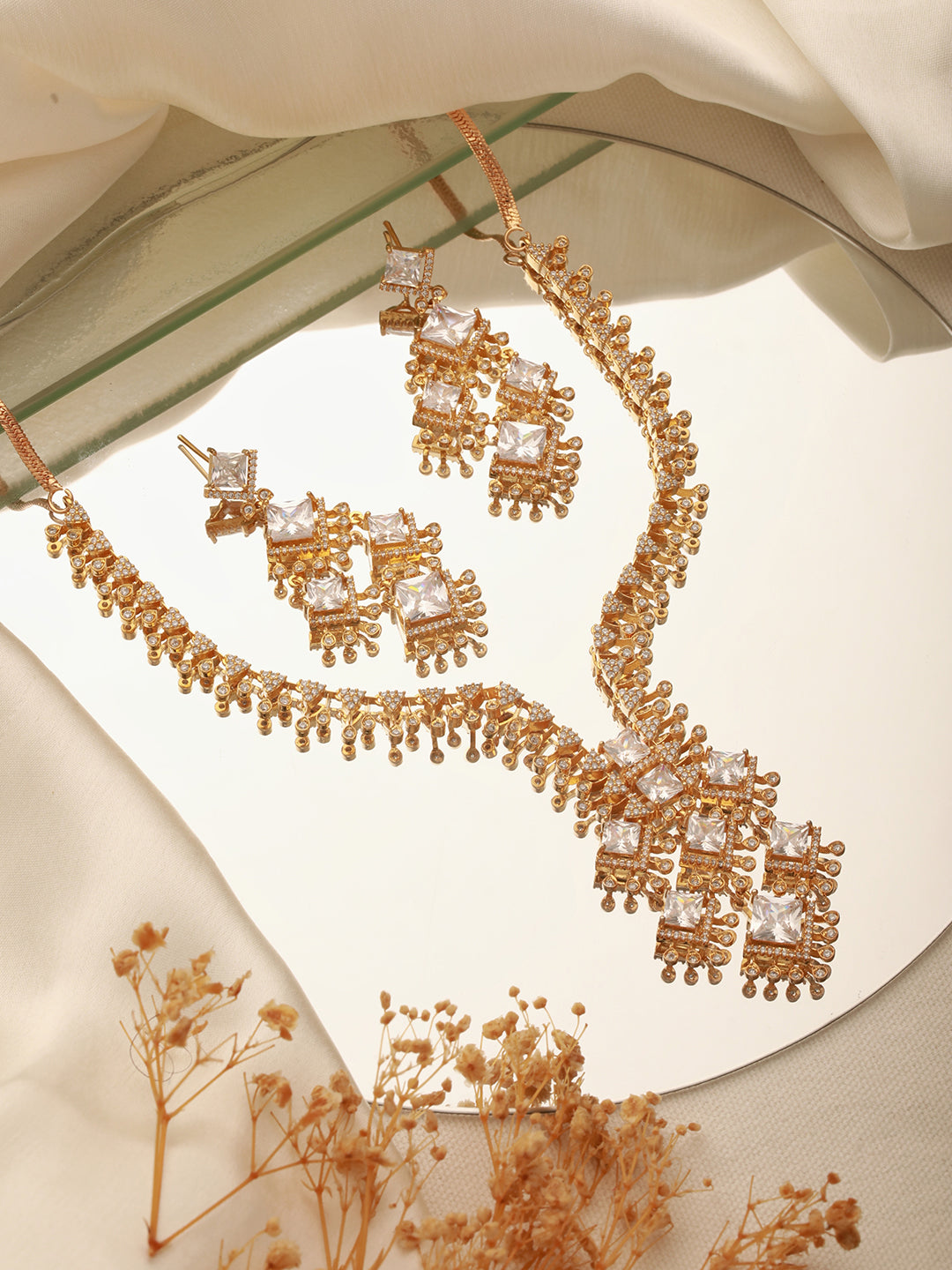Gold Toned Cubic Zirconia Studded Designer  Chandelier  Statement Necklace Jewellery Set
