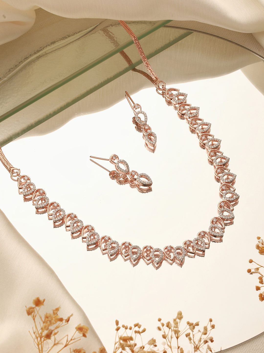 Rose Gold Toned Cubic Zircon Studded Pear Shaped Minimal Jewellery Set
