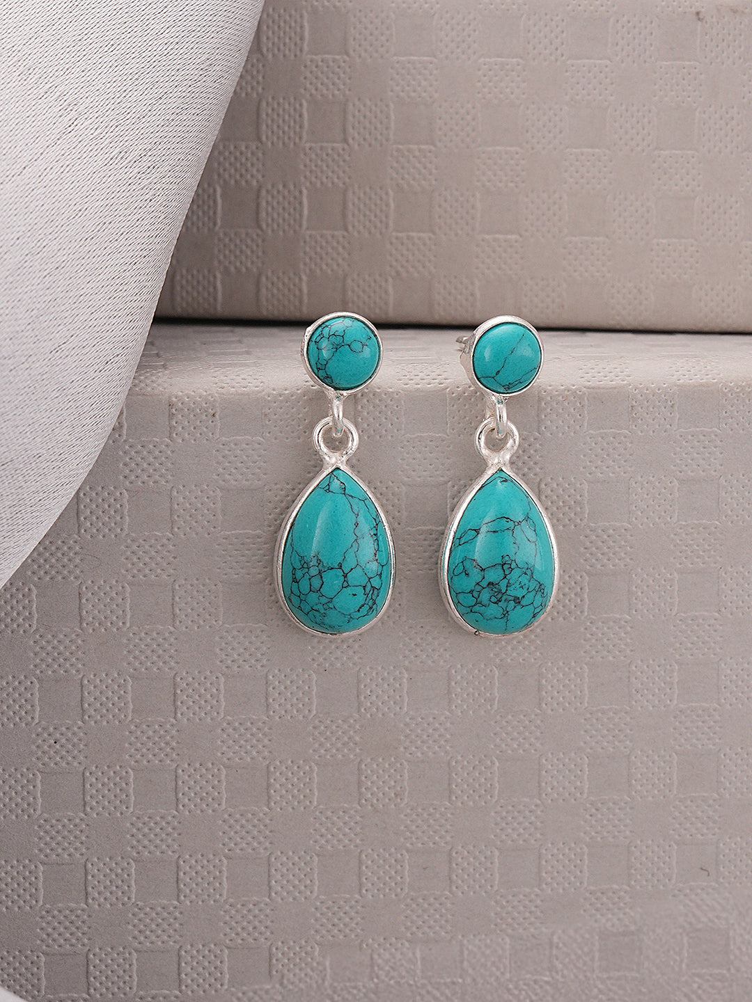 925 Sterling Silver Turquoise Stone Studded Minimal Boho Geometric Drop earrings
