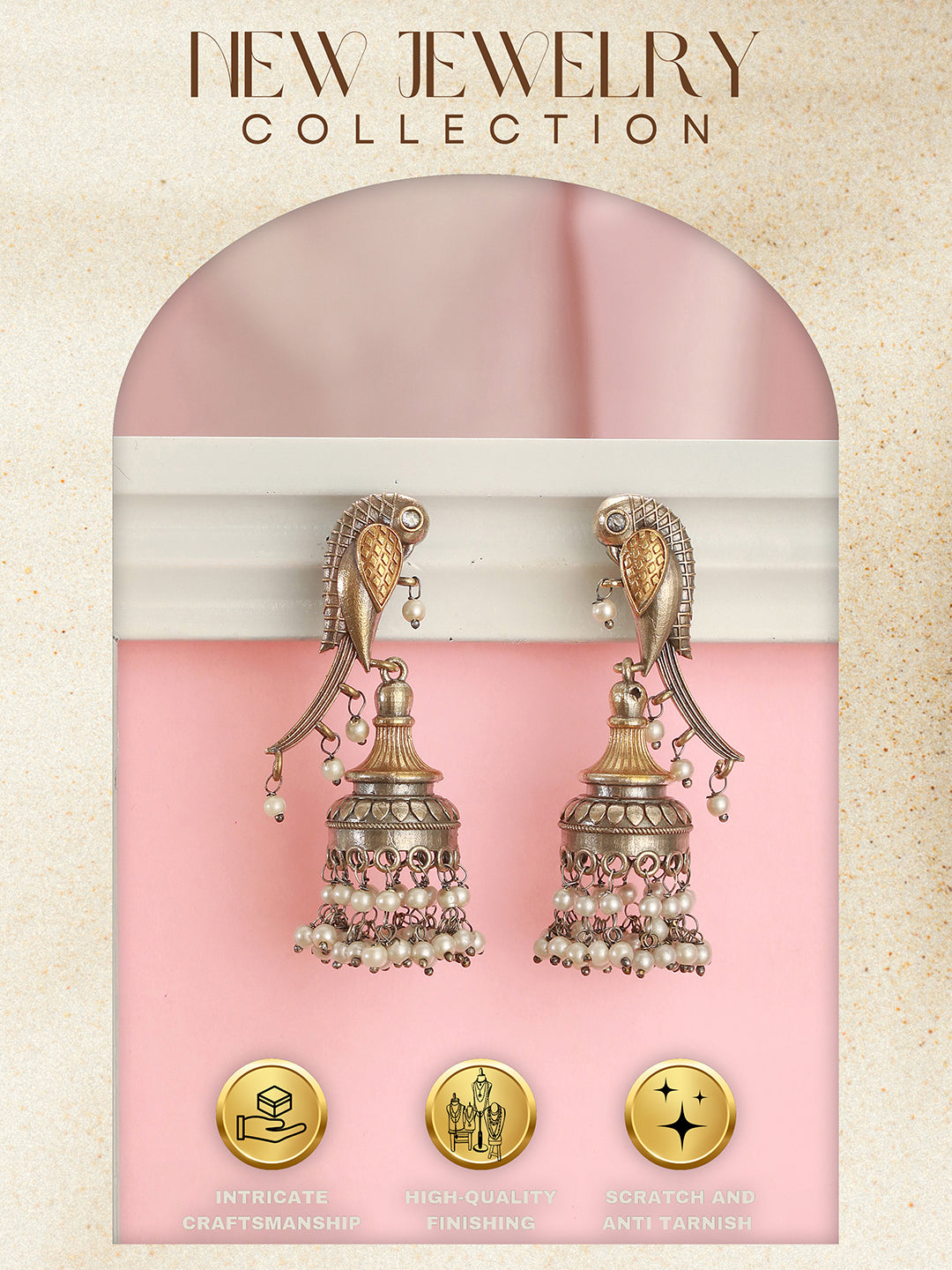 Antique Gold-Toned Parrot Motif Pearl Beaded Handcrafted  Jhumka Earrings