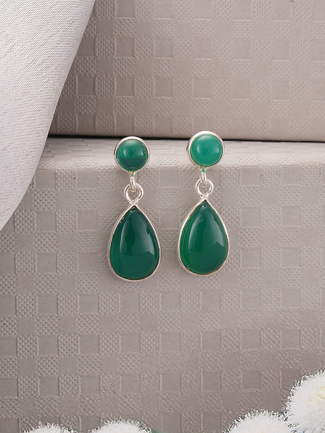 925 Sterling Silver Green Onyx Stone Studded Minimal Boho Chic Drop Earrings