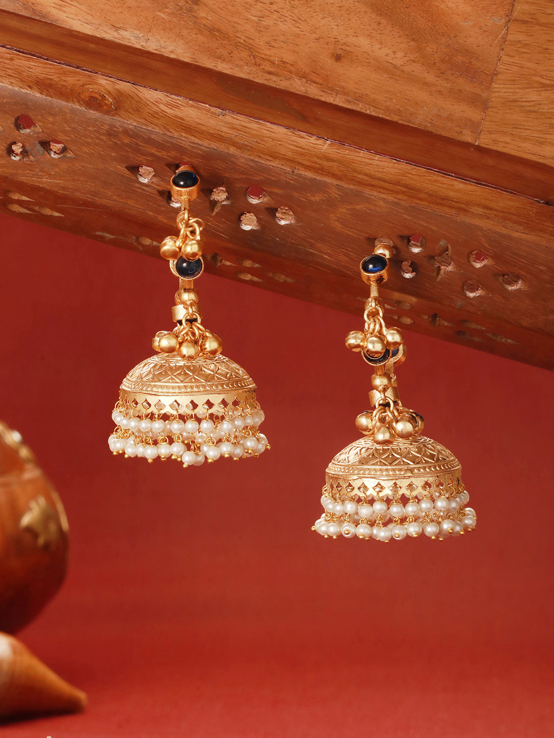 Gold Toned Blue Stone Studded Statement Ghungroo Hoop Jhumka Earrings