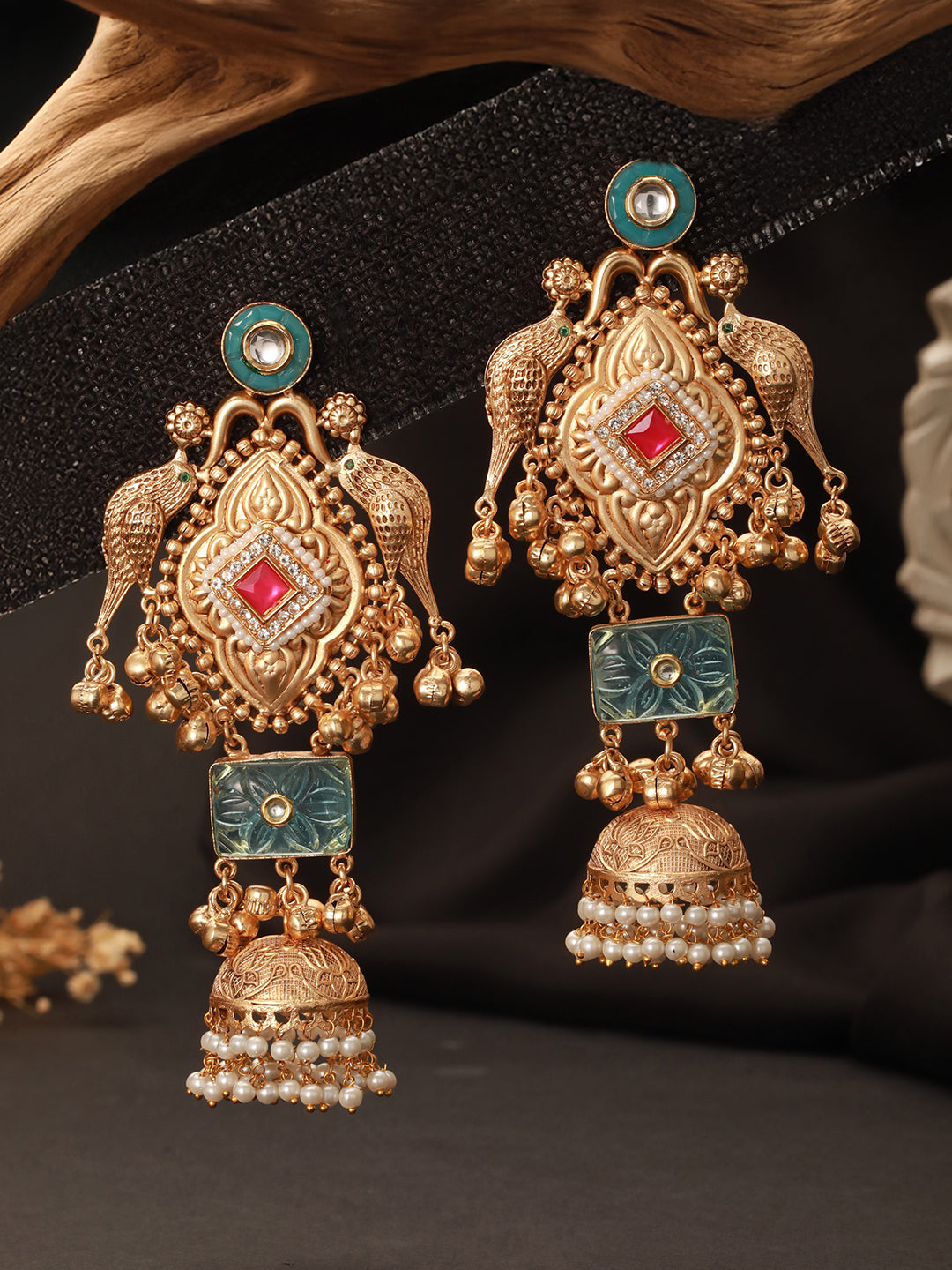 Gold Toned Kundan Studded Lightweight Bird Motif  Statement Bridal Jhumka Earrings