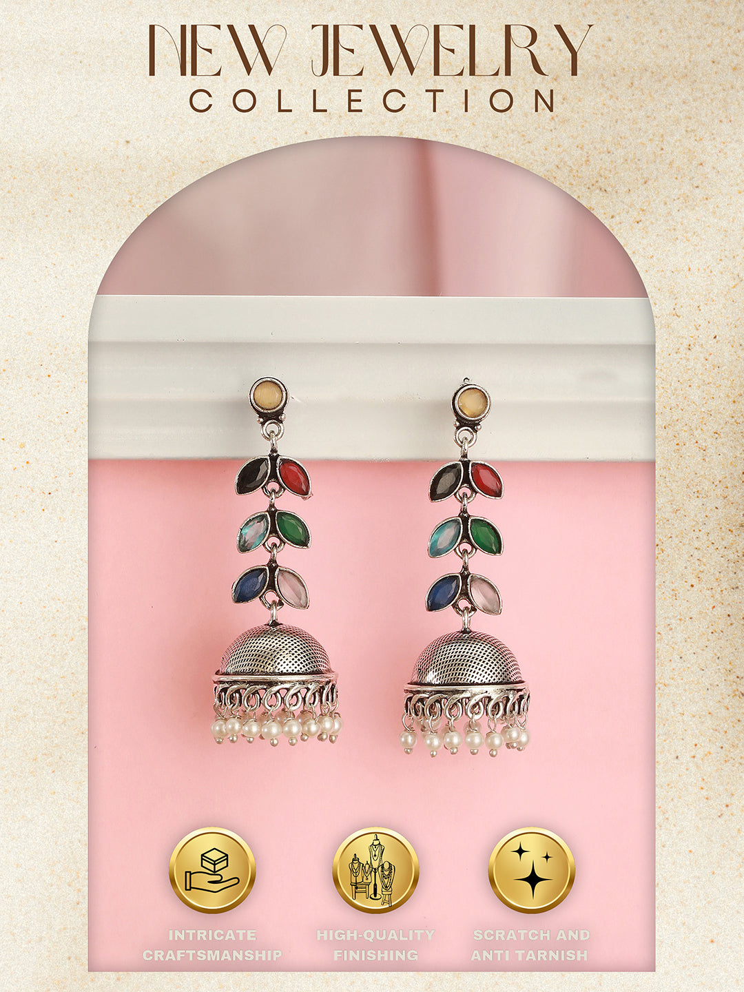 Oxidised Silver Toned Multicolored Handcrafted  Leaf Design Dangler Minimal Jhumka  Earrings