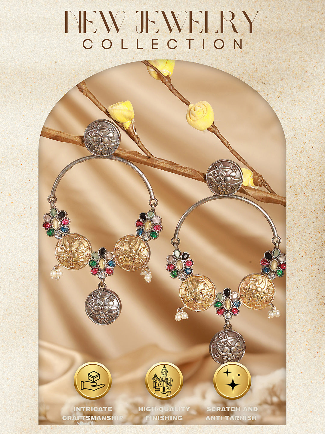 Oxidised Dual Toned Red Stone Pearl Beaded Handcrafted  Floral  Filigree large  Hoop  Chandbali Earrings