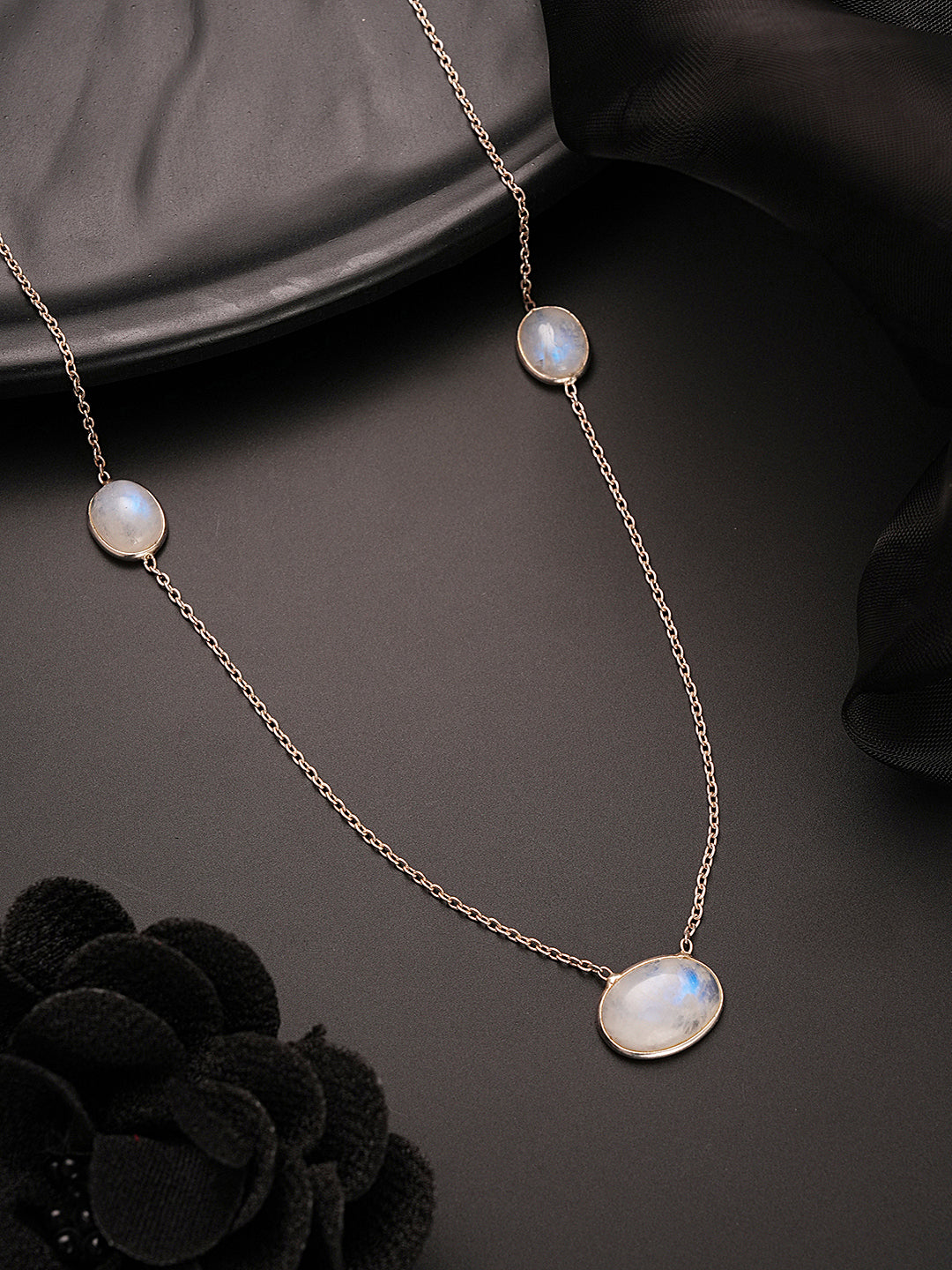 925 Sterling Silver White Moonstone  Gemstone Studded Minimal Boho Necklace & Chain