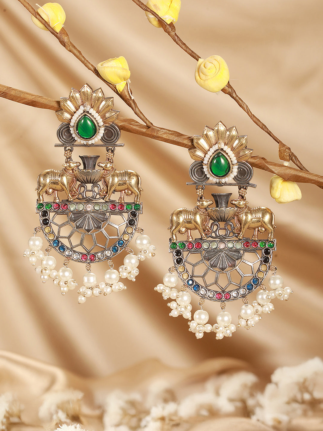 Antique Gold Oxidised Emerald Green Stone & Pearl Beaded Nandi Motif  Tribal Contemporary Chandbali Dangler Earrings