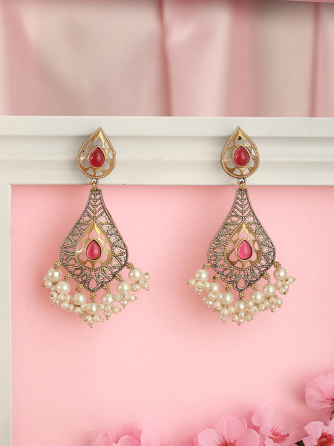 Oxidised Red Stone Studded Filigree Handcrafted Dangler Chandbali Earrings