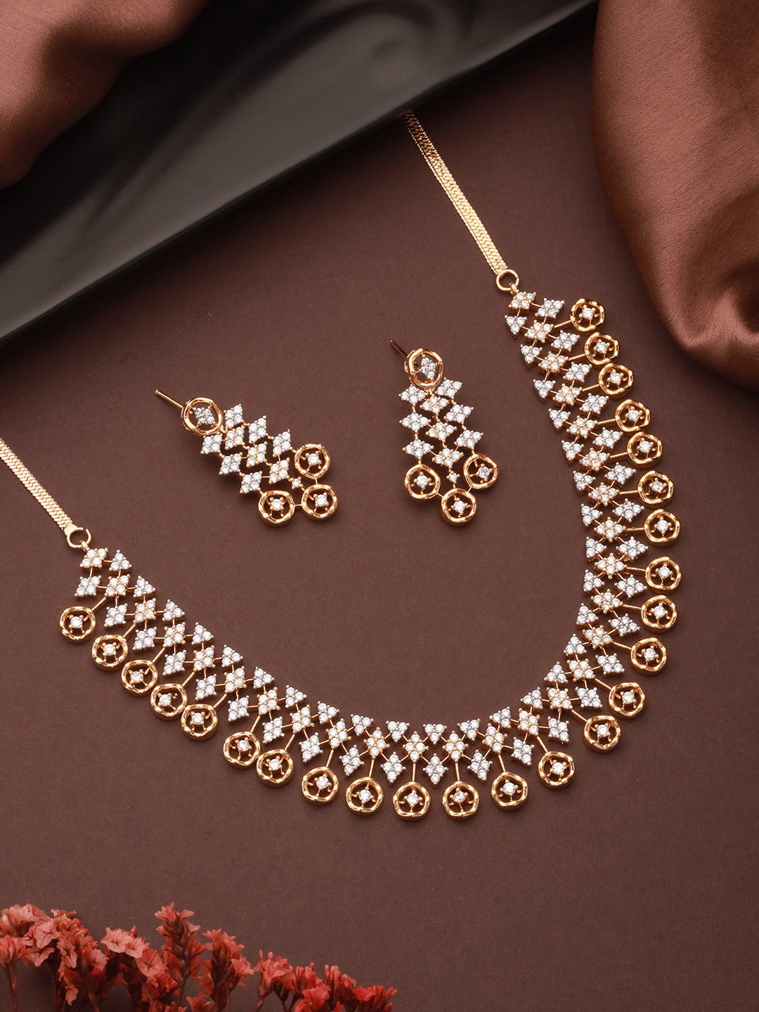 Gold Dual Toned C Zircon Studded Statement Geometric Partywear Necklace Jewellery Set