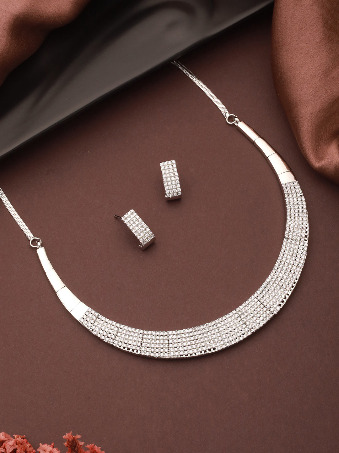 Silver Toned Zircon Studded Statement Collar Necklace Jewellery Set