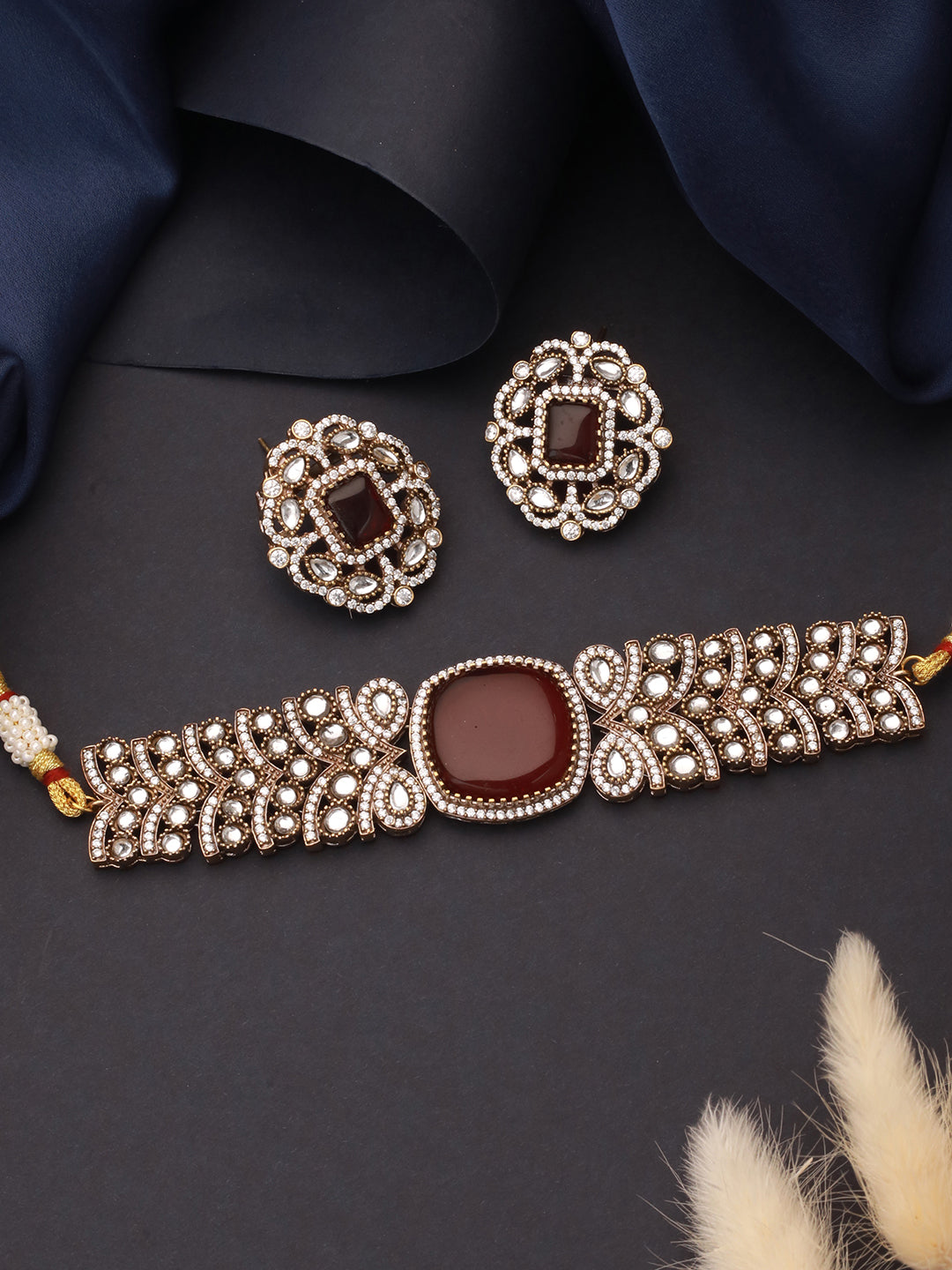 Gold  Toned Ruby Red Mossanite Kundan  Statement  Choker Jewellery Set