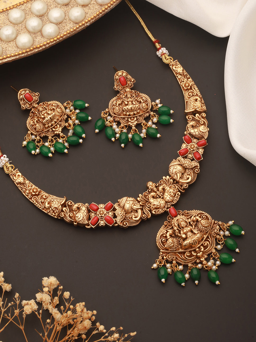 Gold Polish Red Coral Studded Lakshmiji Temple Necklace Jewellery Set