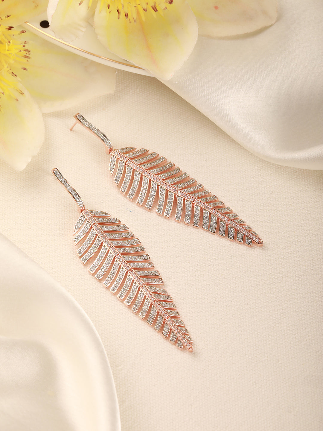 Rose Gold Toned White Zircon studded Statement Feather Dangling Earrings