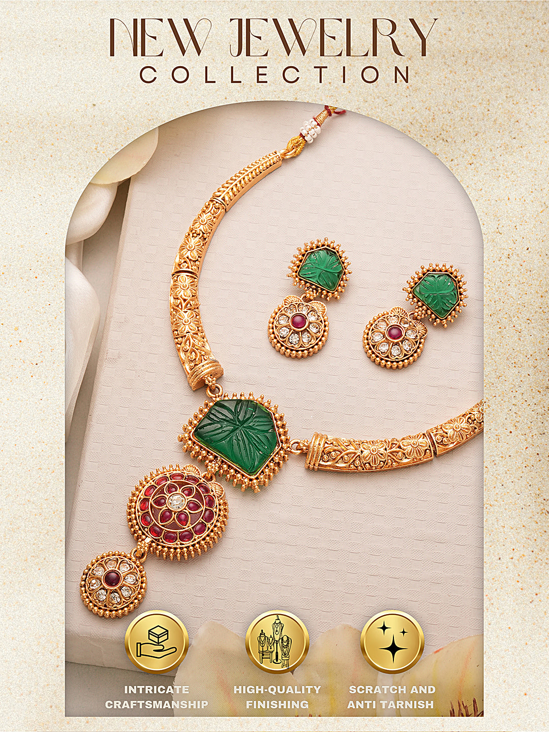 Traditional Gold Jewelry Set with Green and Red Stones